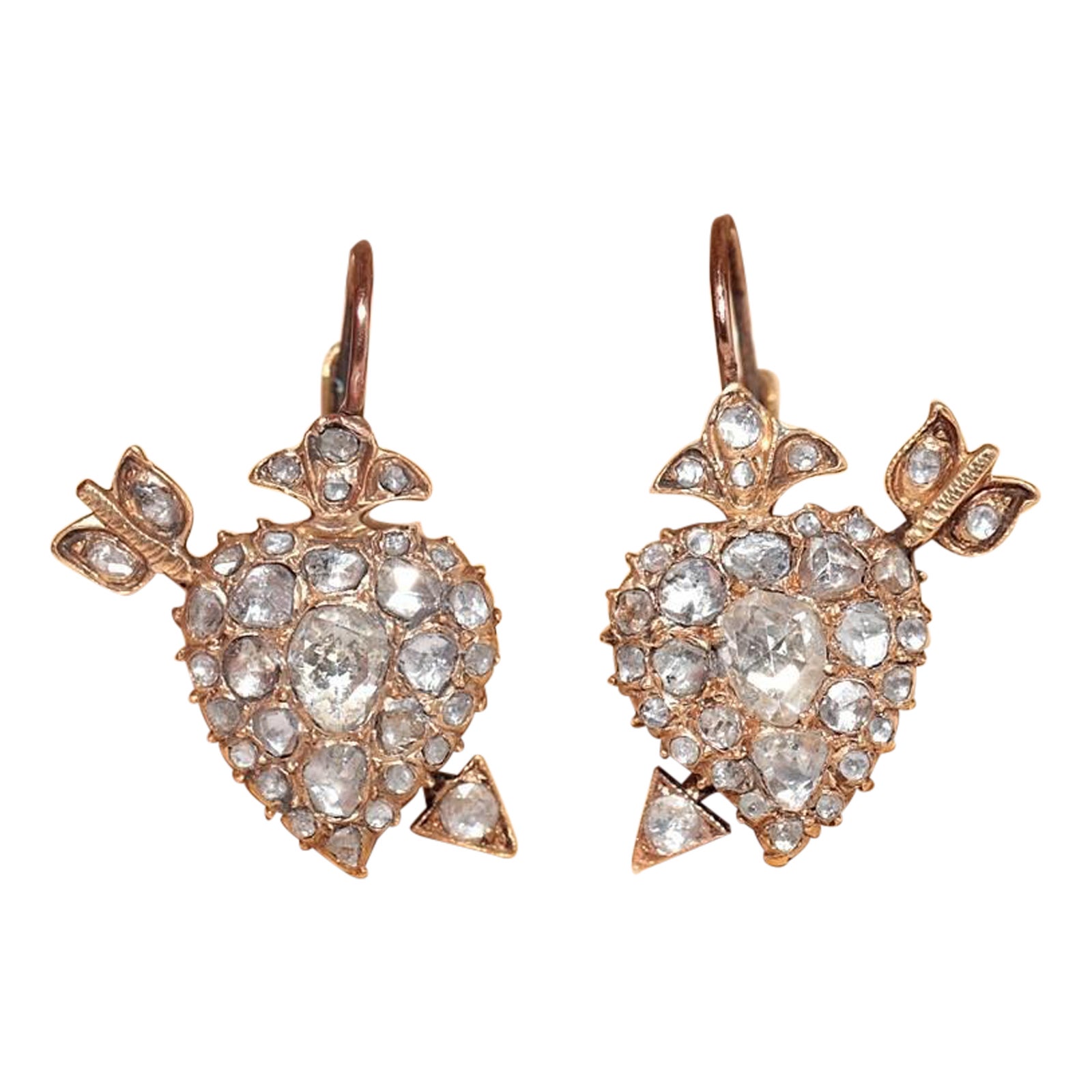 Antique Circa 1900s Or 18k Diamant naturel taille rose Heart Arrow Earring en vente