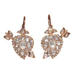 Antique Circa 1900s Or 18k Diamant naturel taille rose Heart Arrow Earring