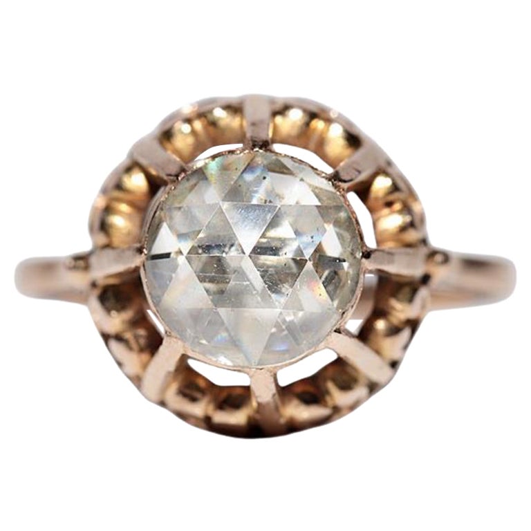 Bague solitaire ancienne des années 1900 en or 18 carats avec diamants naturels taille rose