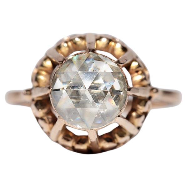 Antiguo anillo solitario de diamantes talla rosa natural de oro de 18 quilates de alrededor de 1900