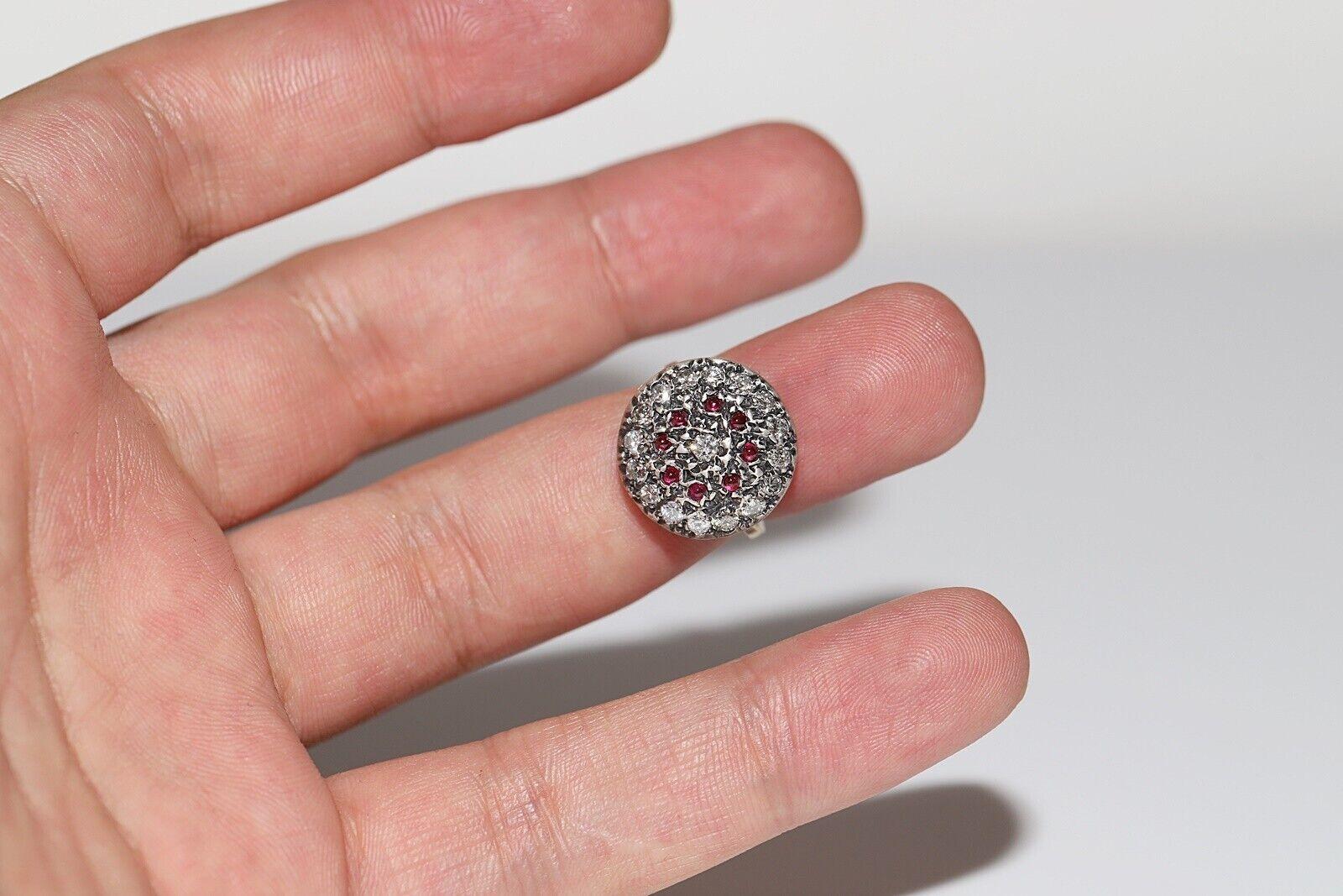 Anello antico del 1900 in oro 18k e argento con diamanti naturali e rubini cabochon in vendita 6