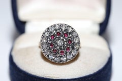 Antique Circa 1900s 18k Gold Top Silver Natural Diamond And Cabochon Ruby Ring
