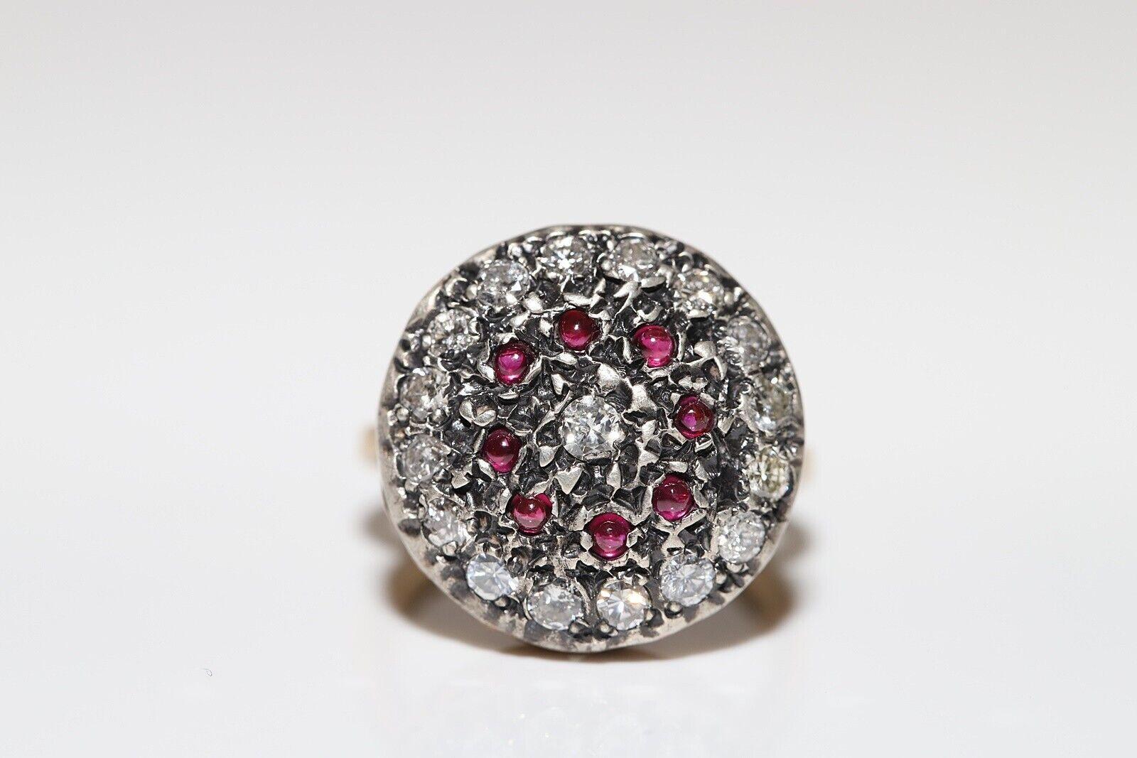 Taglio brillante Anello antico del 1900 in oro 18k e argento con diamanti naturali e rubini cabochon in vendita