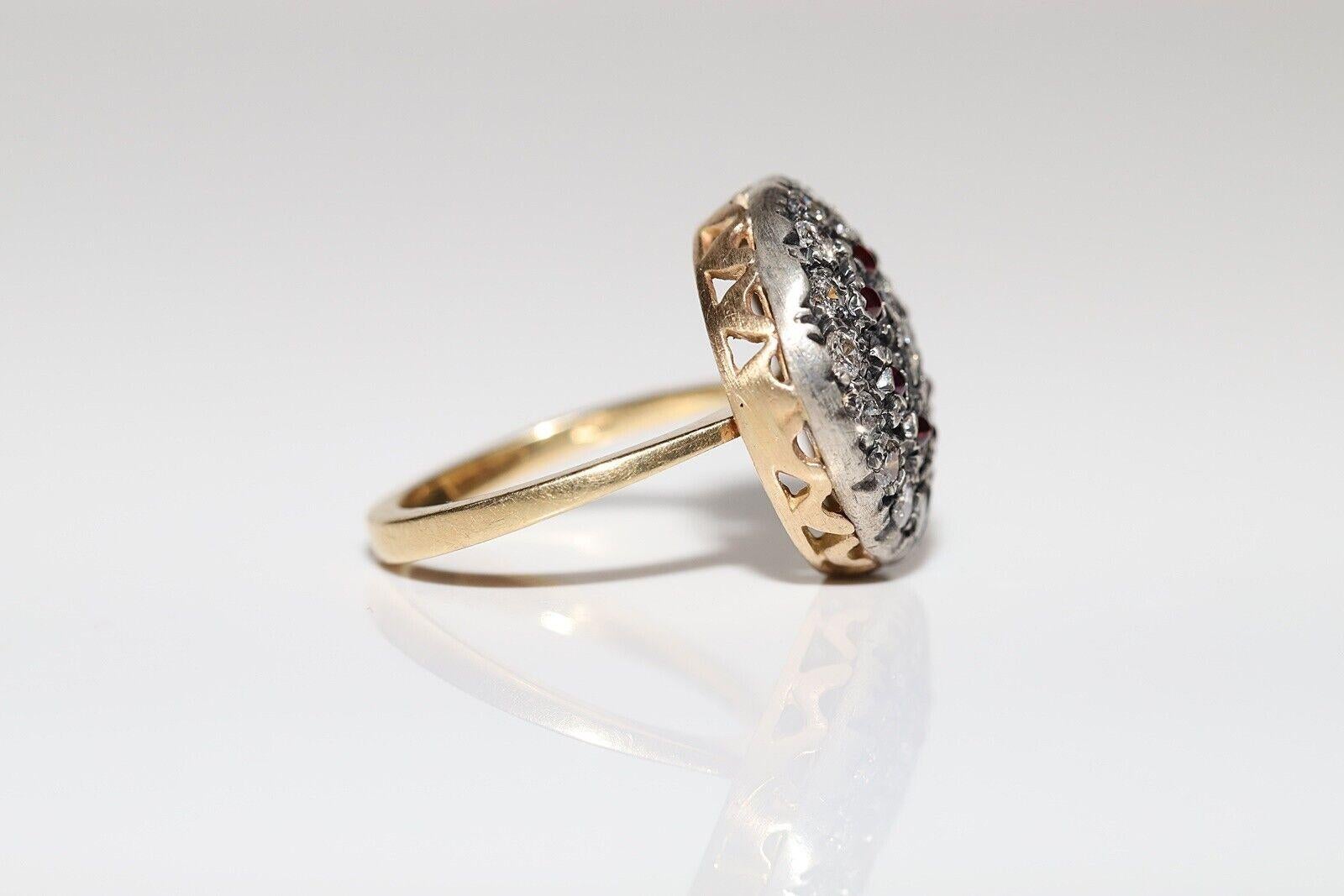 Anello antico del 1900 in oro 18k e argento con diamanti naturali e rubini cabochon In condizioni buone in vendita a Fatih/İstanbul, 34