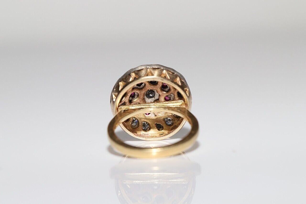 Anello antico del 1900 in oro 18k e argento con diamanti naturali e rubini cabochon in vendita 1