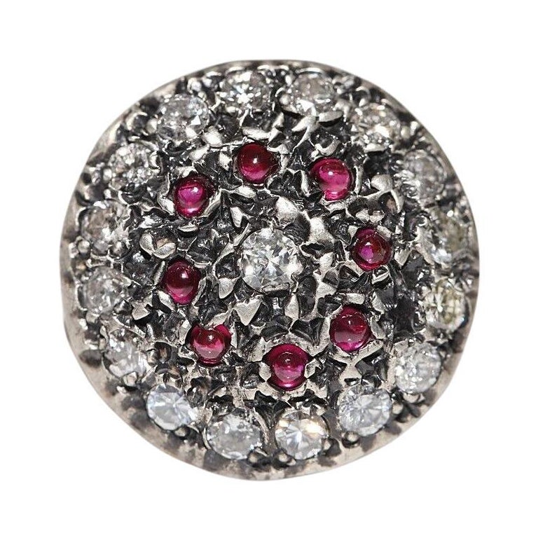 Bague ancienne datant des années 1900, or 18 carats, argent, diamant naturel et rubis cabochon