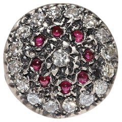Antique Circa 1900s 18k Gold Top Silver Natural Diamond And Cabochon Ruby Ring
