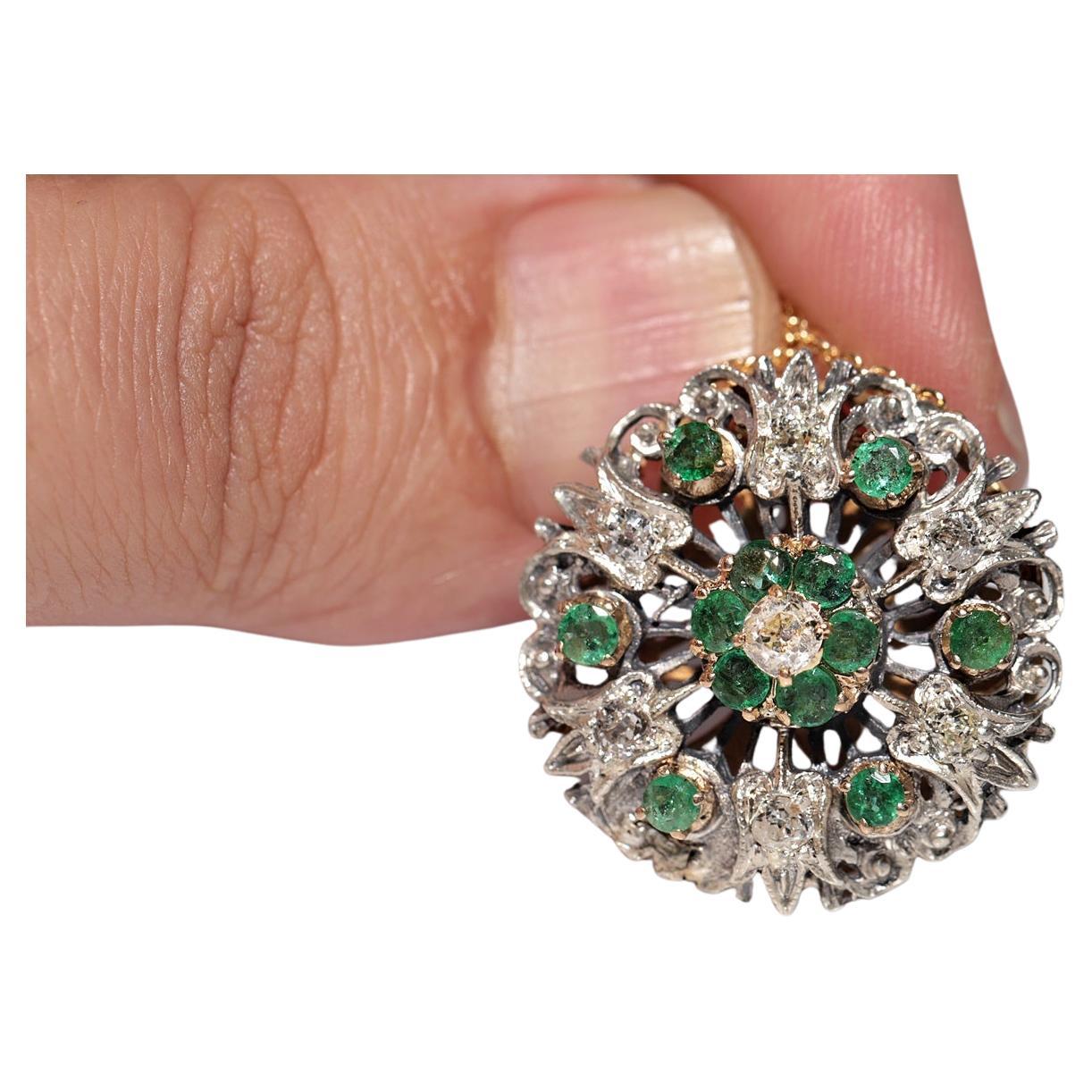 Antique Circa 1900s 18k Gold Top Silver Natural Diamond And Emerald Necklace For Sale