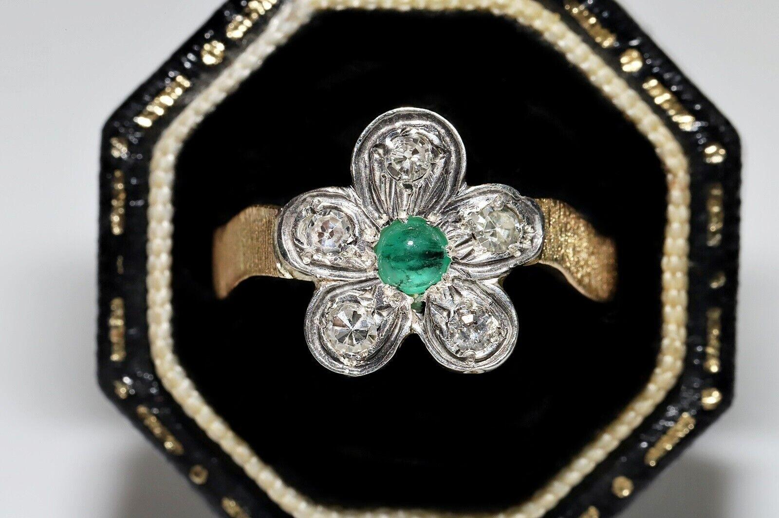 Anello antico del 1900 in oro 18k e argento con diamante naturale e smeraldo in vendita 5
