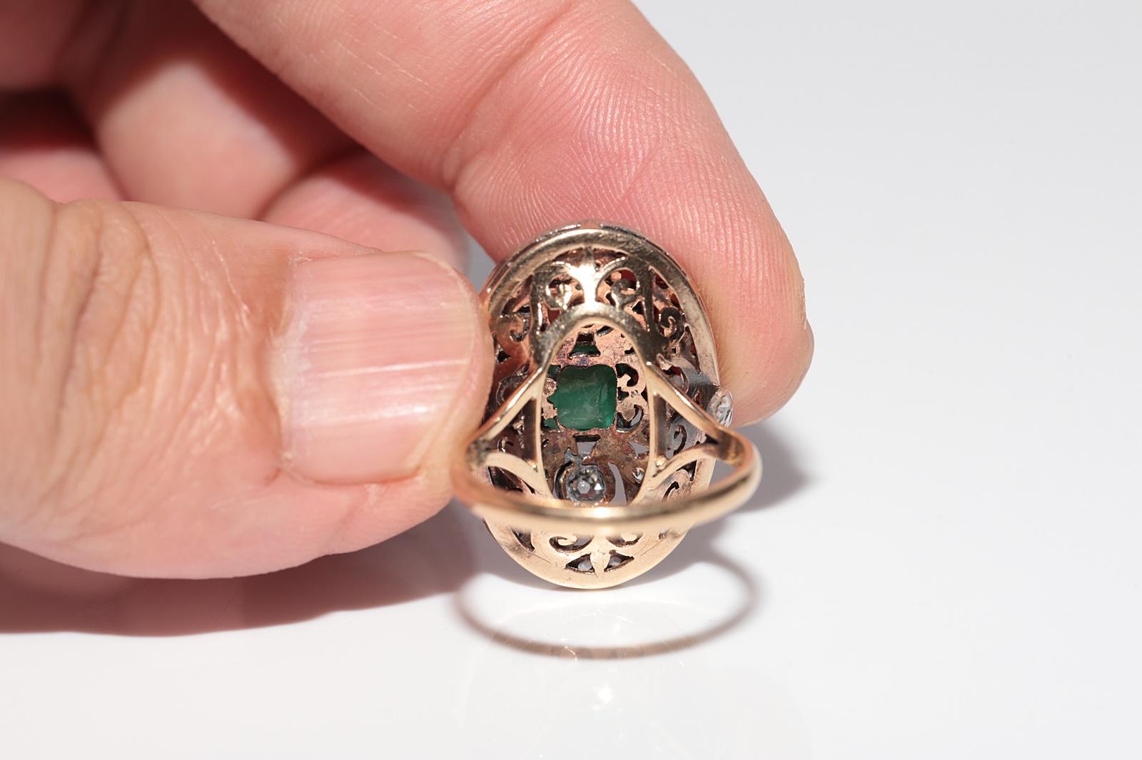 Anello antico del 1900 in oro 18k e argento con diamante naturale e smeraldo in vendita 6