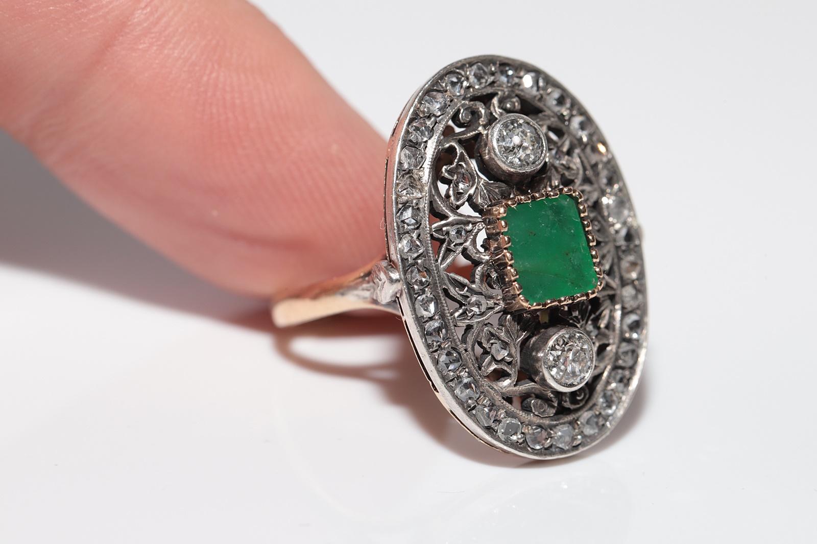 Anello antico del 1900 in oro 18k e argento con diamante naturale e smeraldo in vendita 7