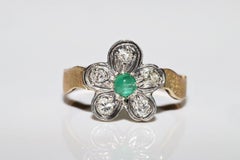 Anillo Antiguo Circa 1900s Oro 18k Plata Superior Diamante Natural Y Esmeralda