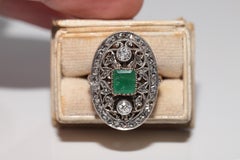 Anello antico del 1900 in oro 18k e argento con diamante naturale e smeraldo