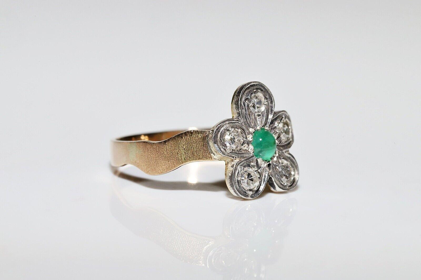 Tardo vittoriano Anello antico del 1900 in oro 18k e argento con diamante naturale e smeraldo in vendita