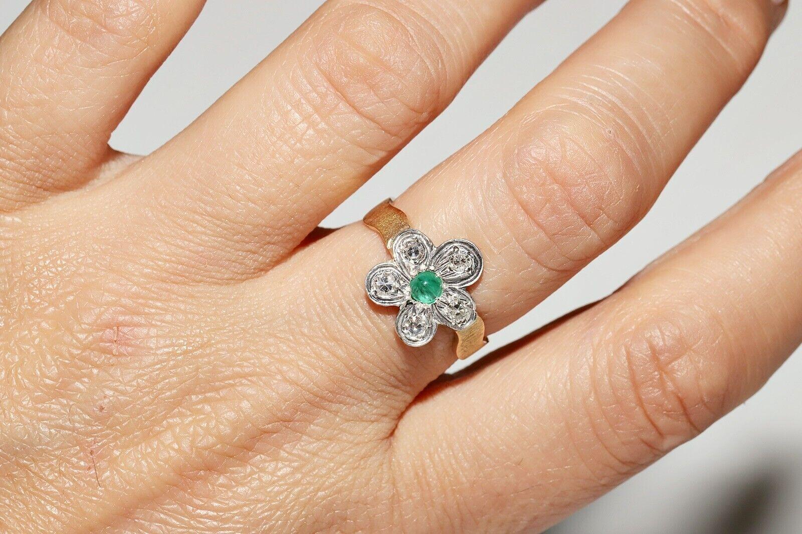 Anello antico del 1900 in oro 18k e argento con diamante naturale e smeraldo in vendita 3