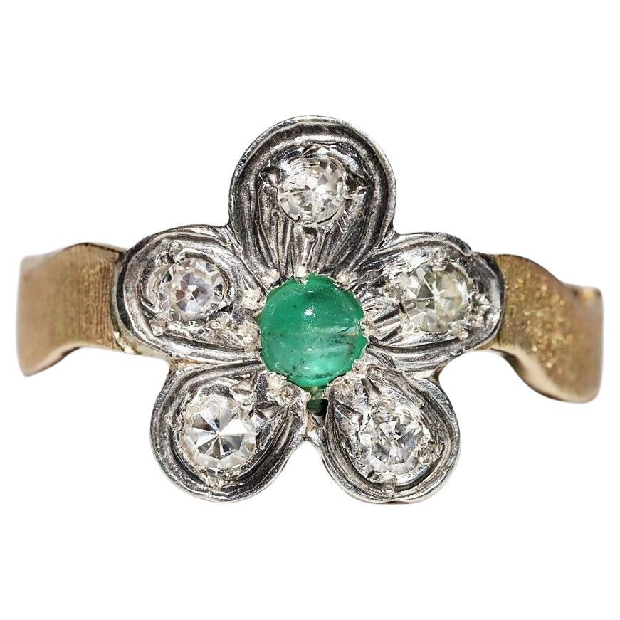 Antique Circa 1900s 18k Gold Top Silver Natural Diamond And Emerald Ring For Sale