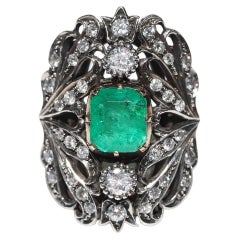 Antique Circa 1900s 18k Gold Top Silver Natural Diamond And Emerald Ring 