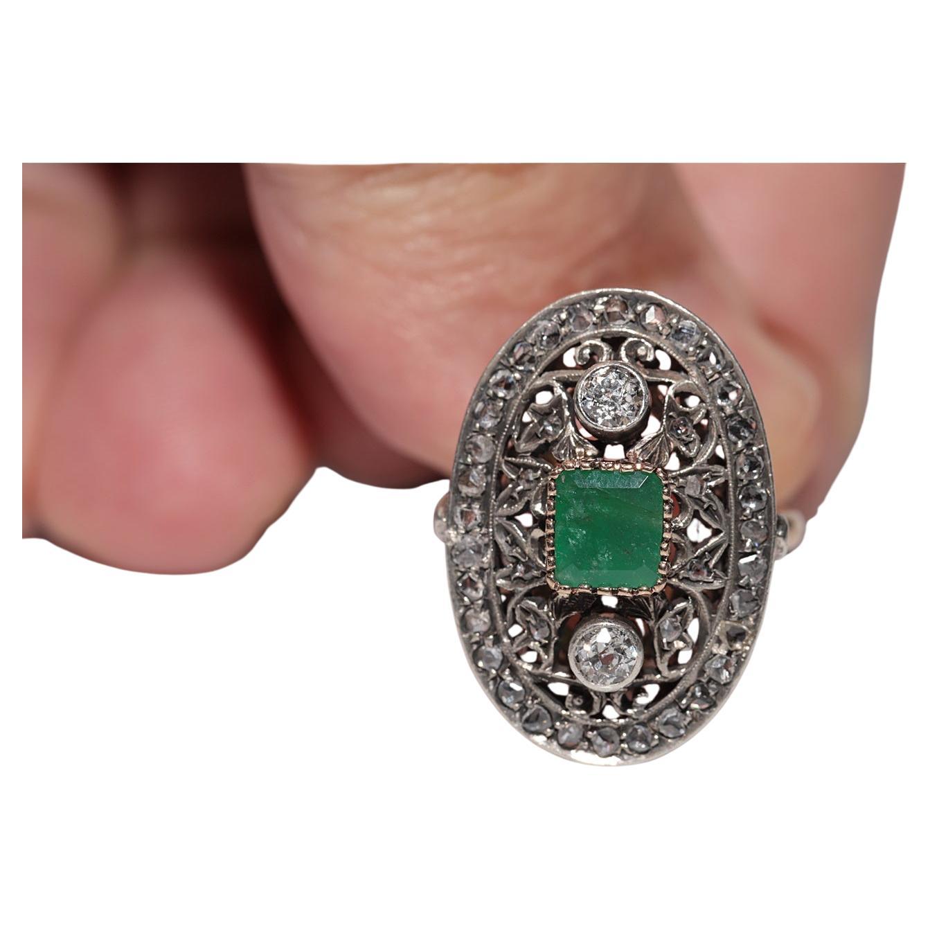Bague ancienne datant des années 1900, or 18 carats, argent, diamant naturel et émeraude