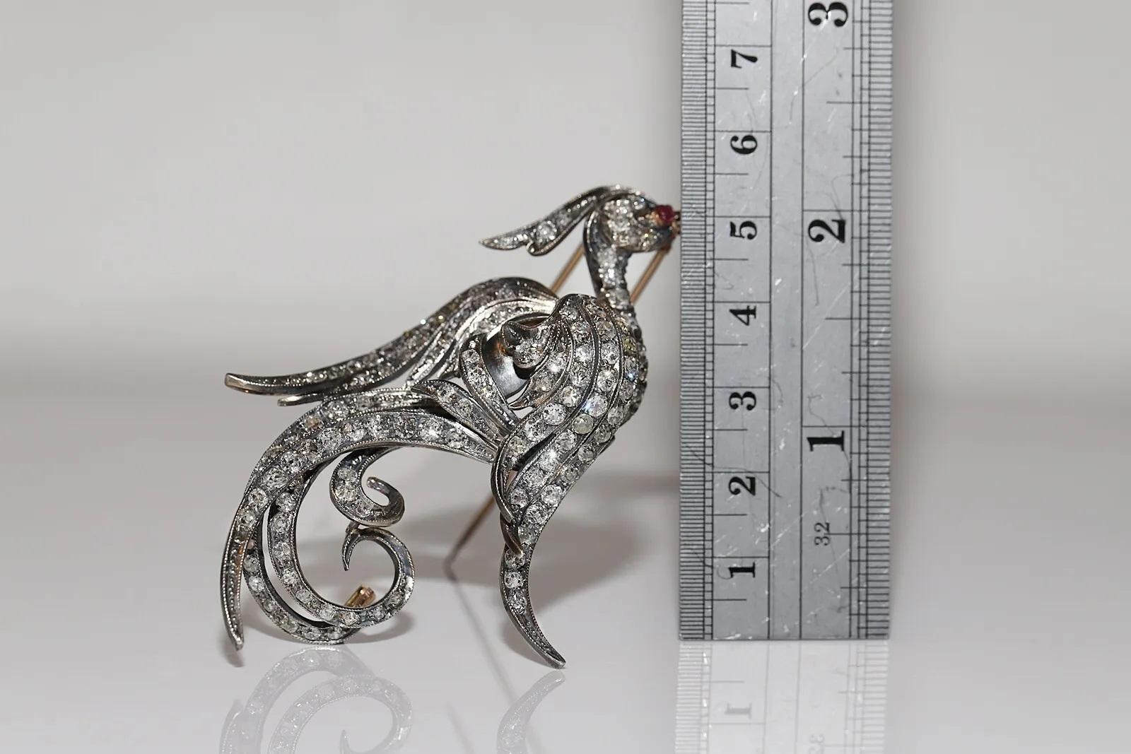Antique Circa 1900s 18k Gold Top Silver Natural Diamond And Ruby Bird Brooch For Sale 9