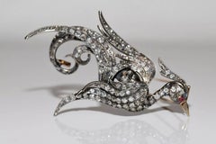 Antique Circa 1900s 18k Gold Top Silver Natural Diamond And Ruby Bird Brooch