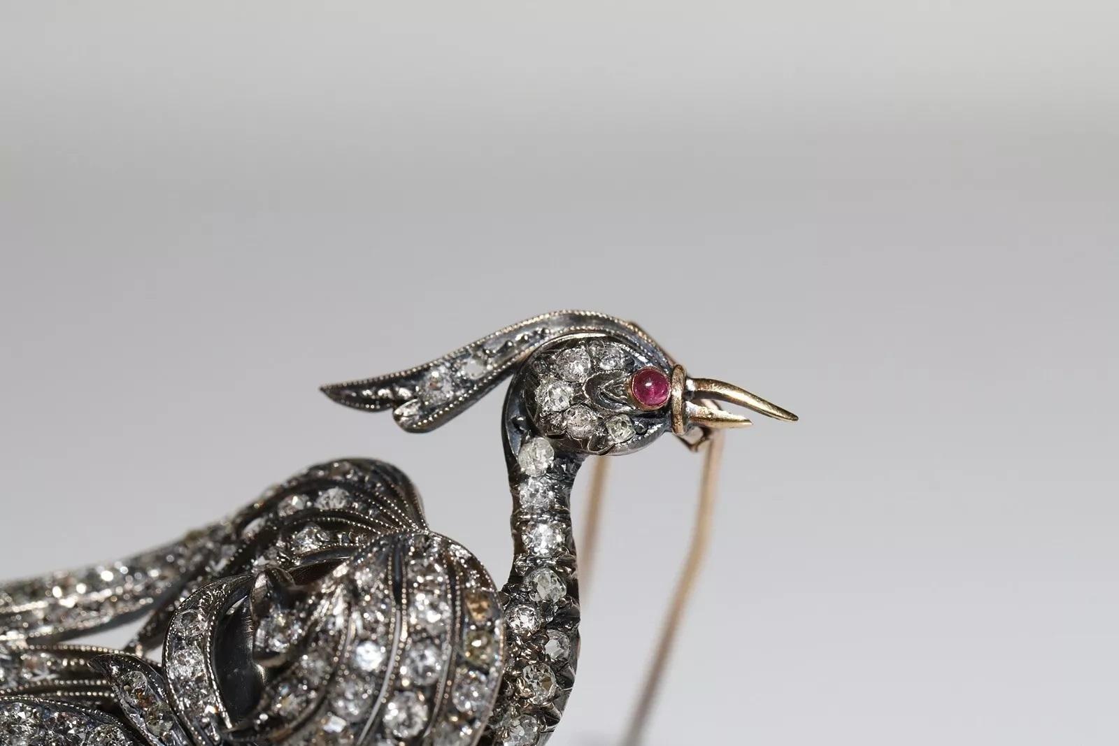 Broche oiseau ancienne datant des années 1900, or 18 carats, argent, diamants naturels et rubis Bon état - En vente à Fatih/İstanbul, 34