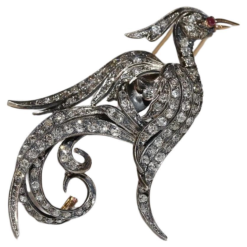 Antique Circa 1900s 18k Gold Top Silver Natural Diamond And Ruby Bird Brooch For Sale