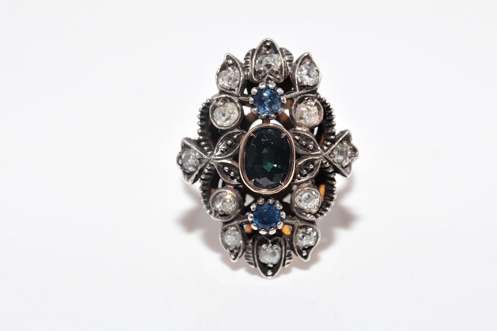Bague ancienne datant des années 1900, or 18 carats, argent, diamant naturel et saphir en vente 7
