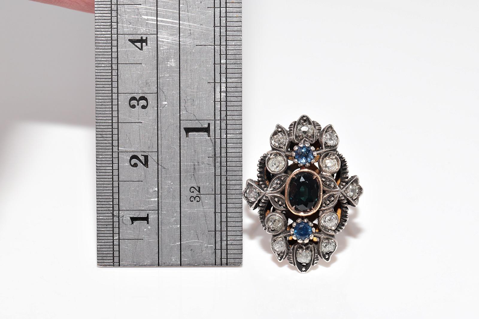 Bague ancienne datant des années 1900, or 18 carats, argent, diamant naturel et saphir en vente 8