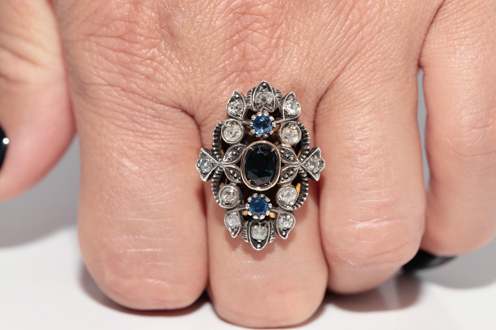 Bague ancienne datant des années 1900, or 18 carats, argent, diamant naturel et saphir en vente 11