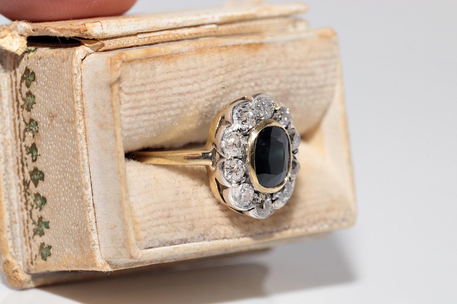 Anillo Antiguo Circa 1900s Oro 18k Plata Superior Diamante Natural Y Zafiro Victoriano en venta