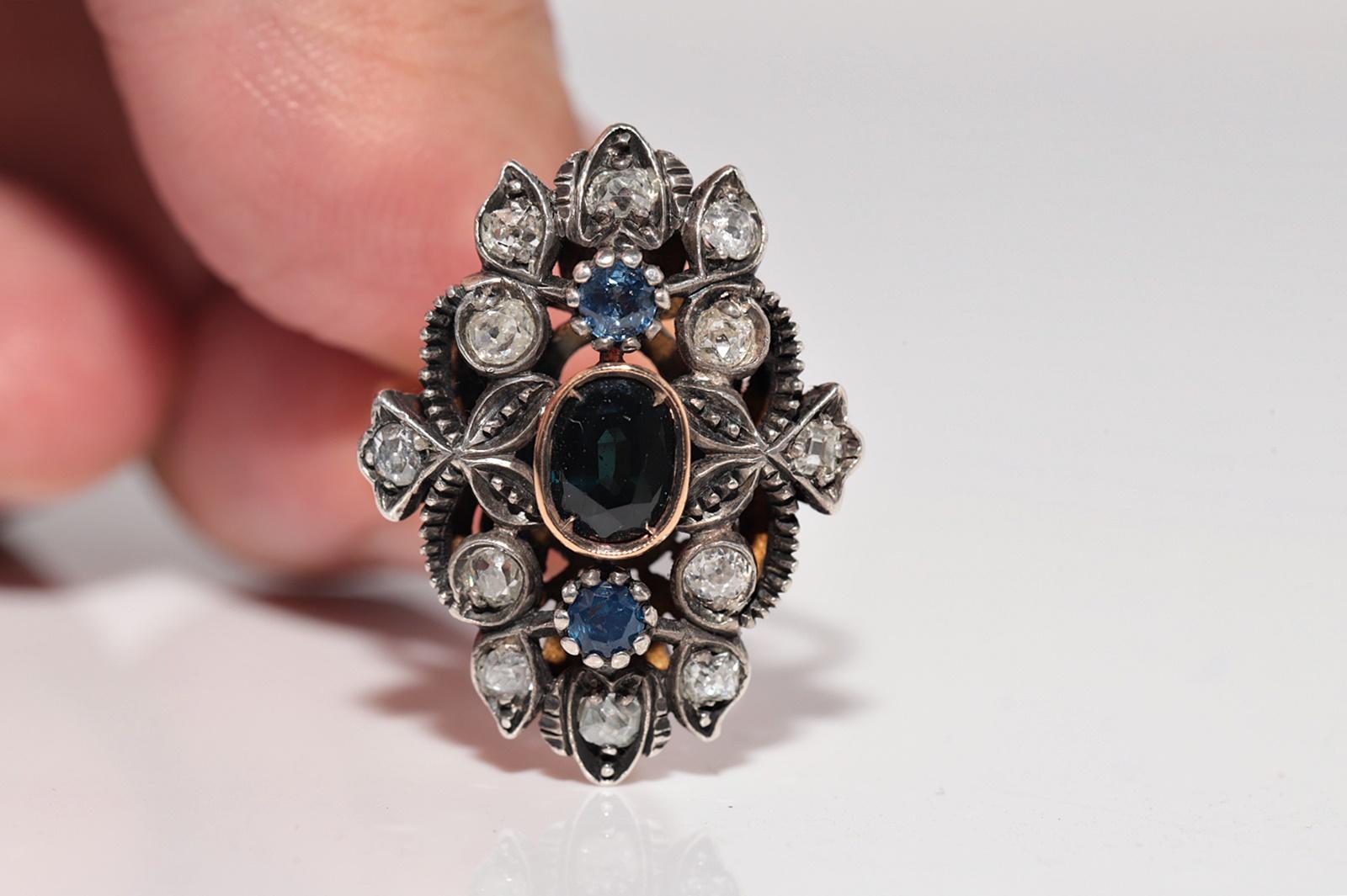 Taille vieille mine Bague ancienne datant des années 1900, or 18 carats, argent, diamant naturel et saphir en vente