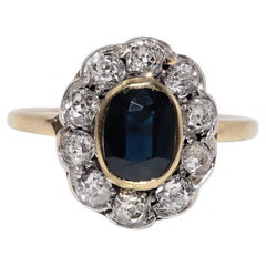 Anillo Antiguo Circa 1900s Oro 18k Plata Superior Diamante Natural Y Zafiro