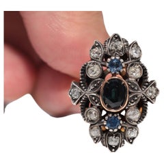 Anillo Antiguo Circa 1900s Oro 18k Plata Superior Diamante Natural Y Zafiro