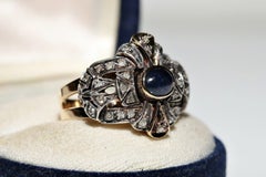 Antique Circa 1900s 18k Gold Top Silver Natural Diamond And Sapphire Tank Ring