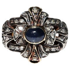 Antique Circa 1900s 18k Gold Top Silver Natural Diamond And Sapphire Tank Ring
