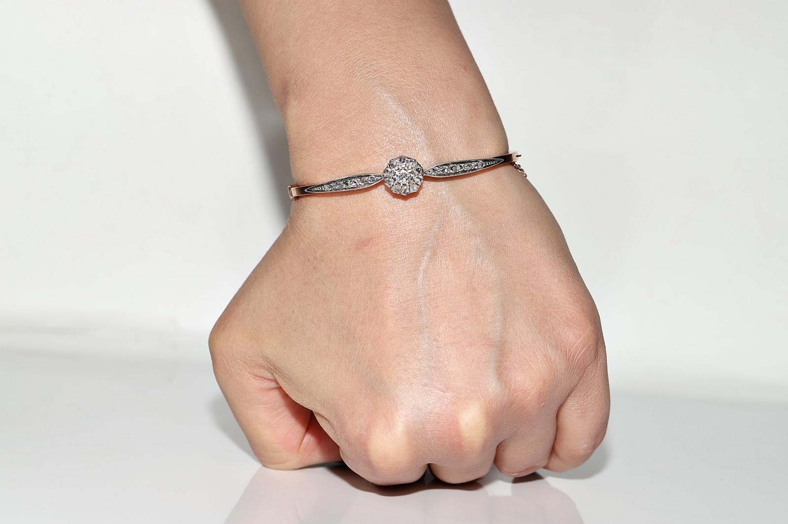 Antiguo brazalete de oro de 18 quilates con diamantes naturales en la parte superior de plata de la década de 1900 en venta 14