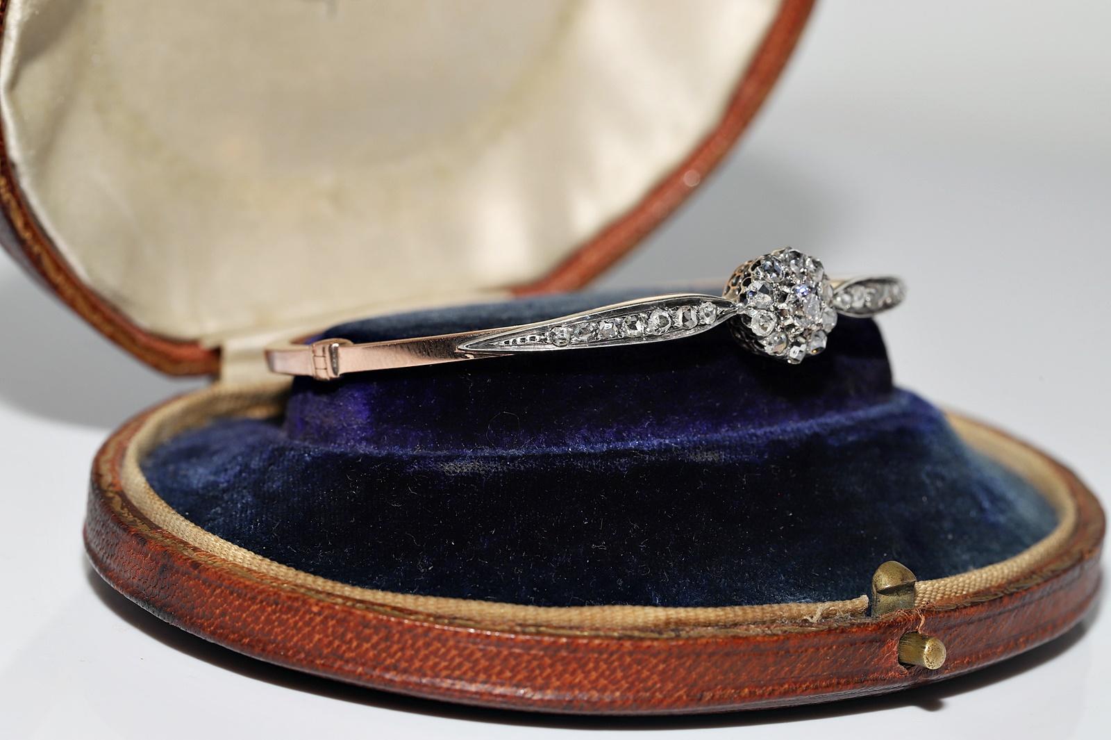 Victorian Antique Circa 1900s 18k Gold Top Silver Natural Diamond Bangle Bracelet  For Sale