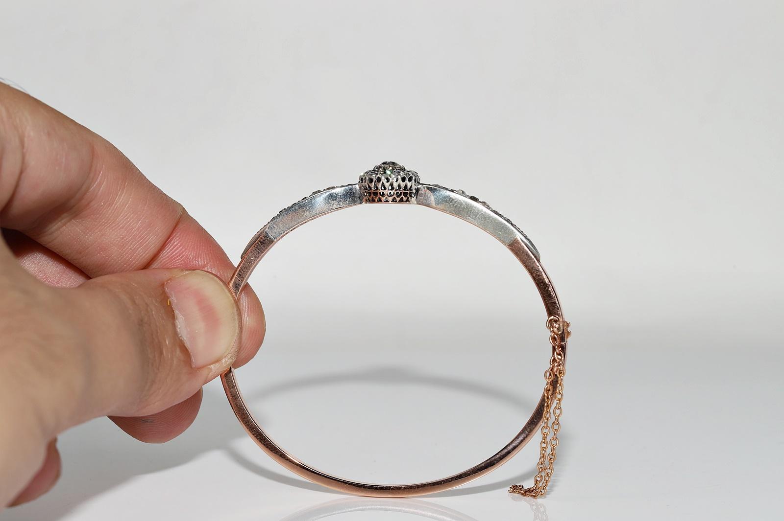 Antique Circa 1900s 18k Gold Top Silver Natural Diamond Bangle Bracelet en vente 1