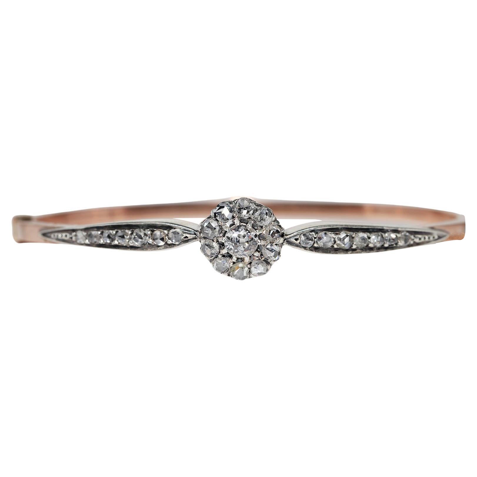 Antique Circa 1900s 18k Gold Top Silver Natural Diamond Bangle Bracelet en vente