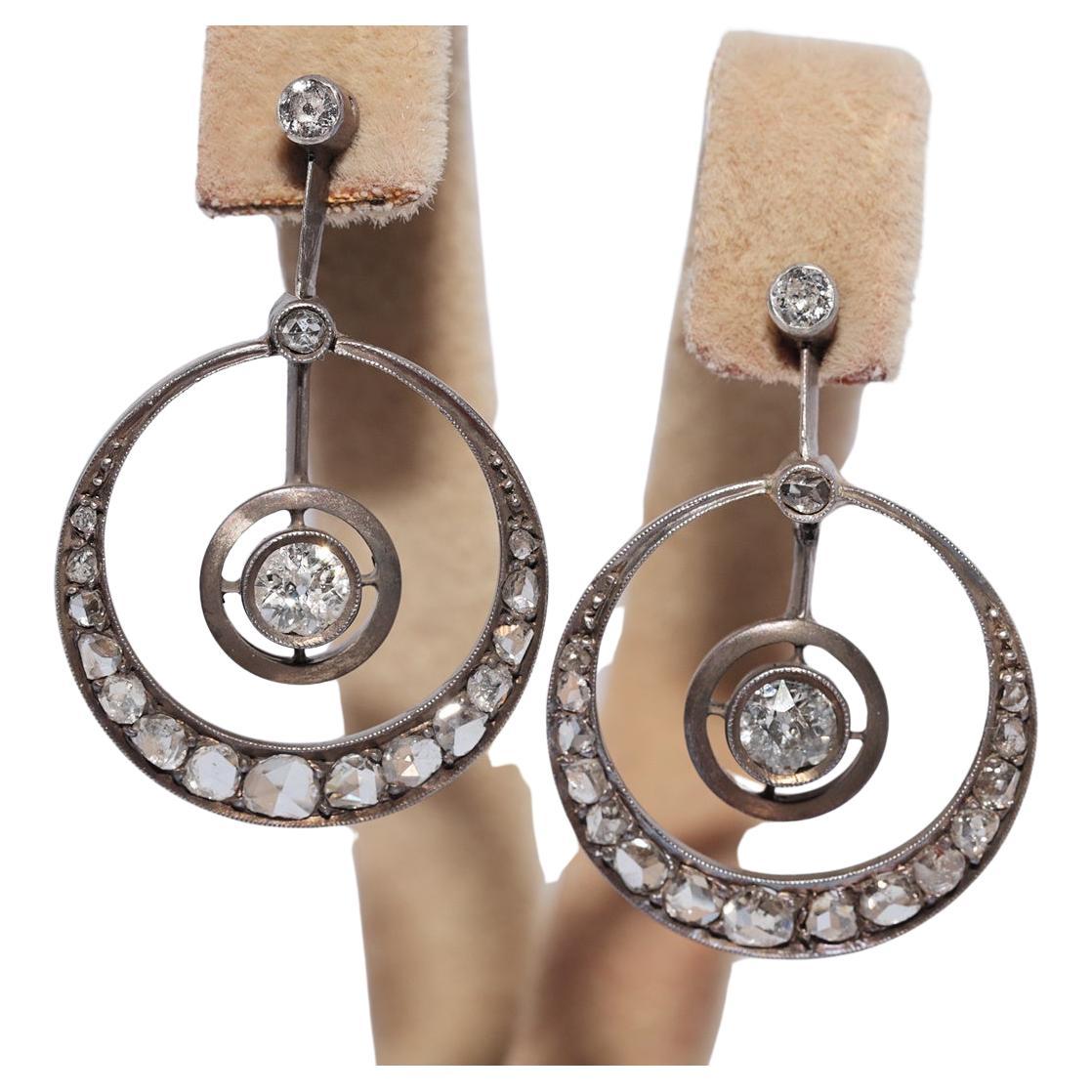 Antique Circa 1900s 18k Gold Top Silver Natural Diamond Decorated Drop Earring