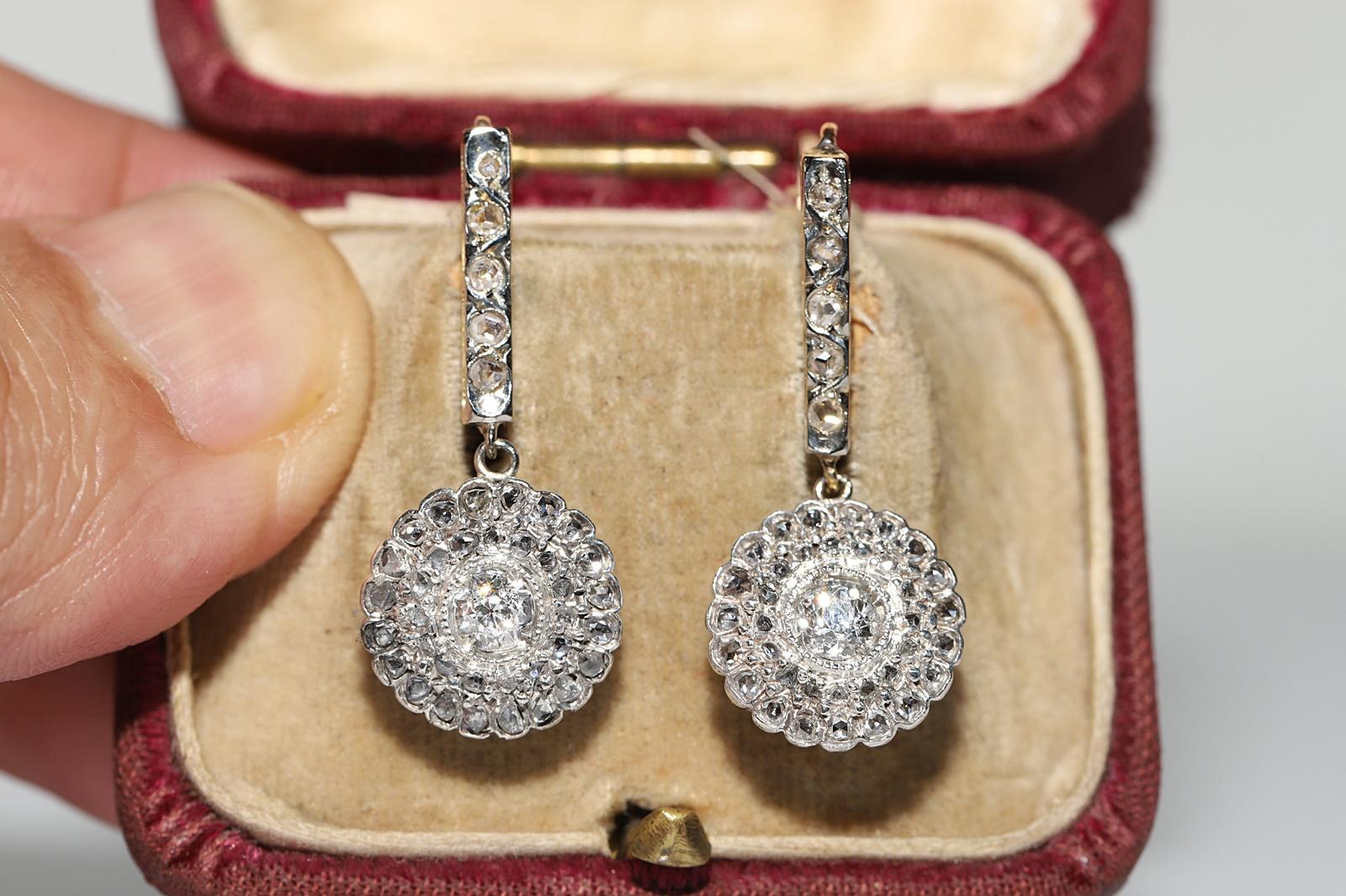 Rose Cut Antique Circa 1900s 18k Gold Top Silver Natural Diamond Decorated Earring  For Sale