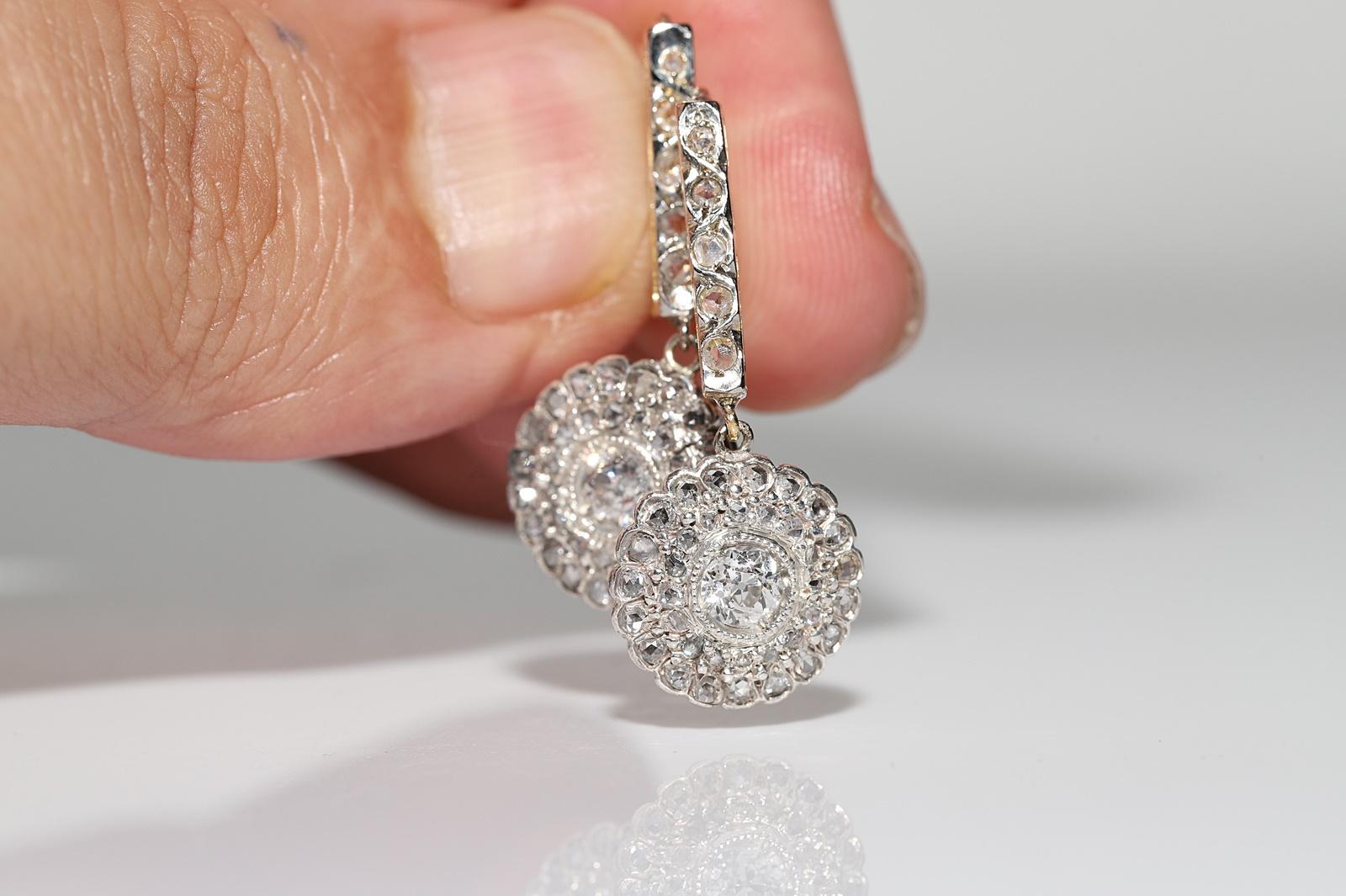 Antique Circa 1900s 18k Gold Top Silver Natural Diamond Decorated Earring  Bon état - En vente à Fatih/İstanbul, 34