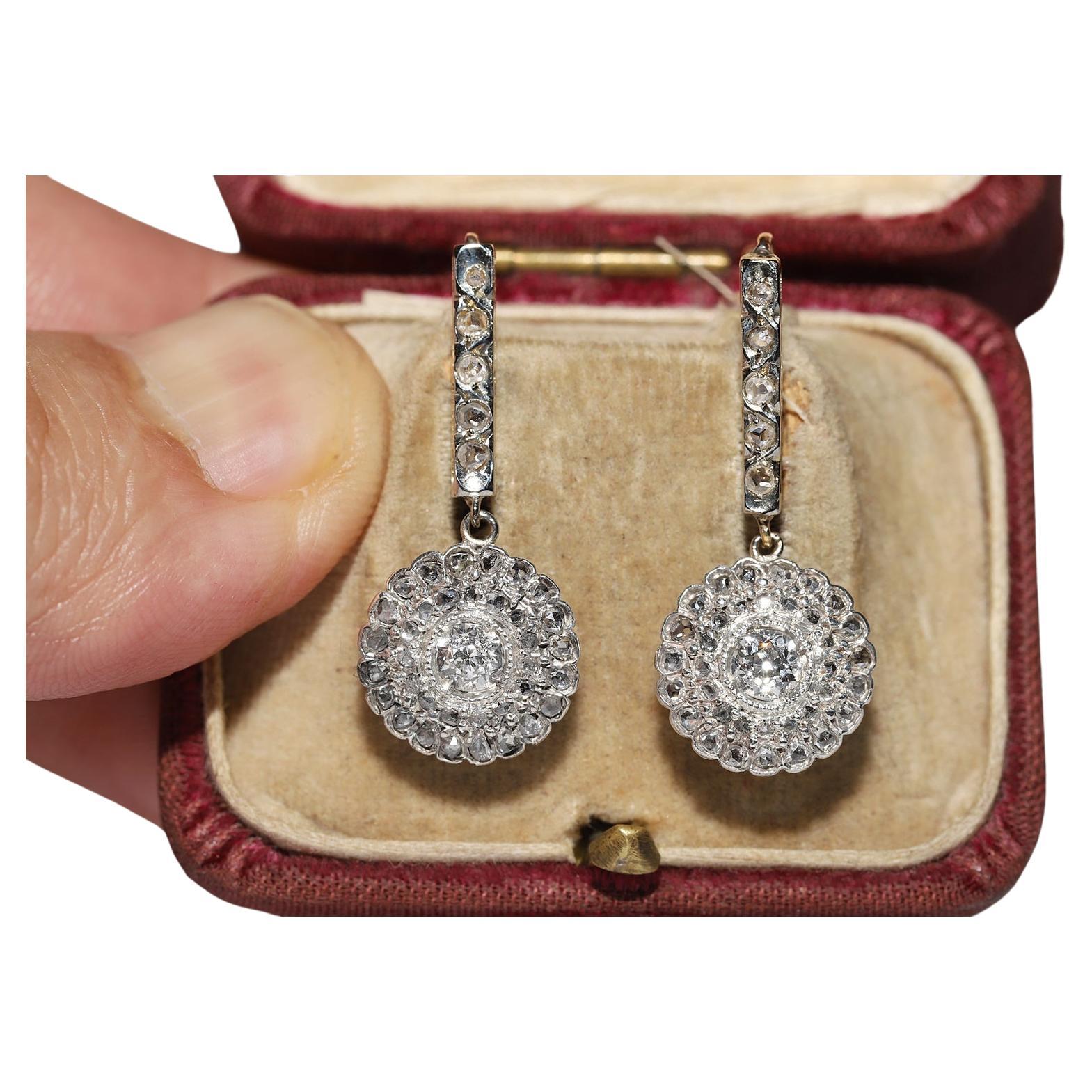 Antique Circa 1900s 18k Gold Top Silver Natural Diamond Decorated Earring  en vente