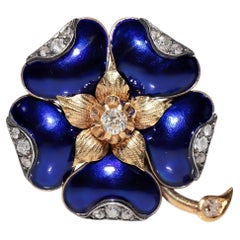 Antique Circa 1900s 18k Gold Top Silver Natural Diamond Enamel Clover Brooch