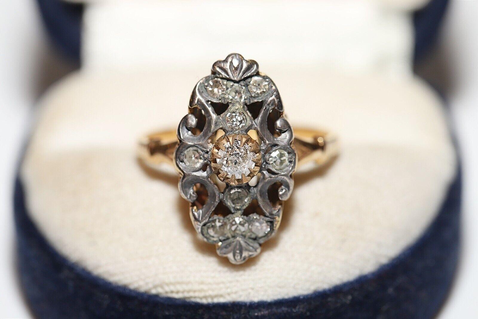 Antique Circa 1900s 18k Gold Top Silver Natural Diamond Navette Ring  For Sale 5