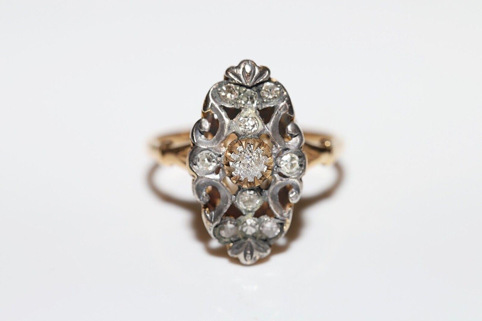 Victorian Antique Circa 1900s 18k Gold Top Silver Natural Diamond Navette Ring  For Sale