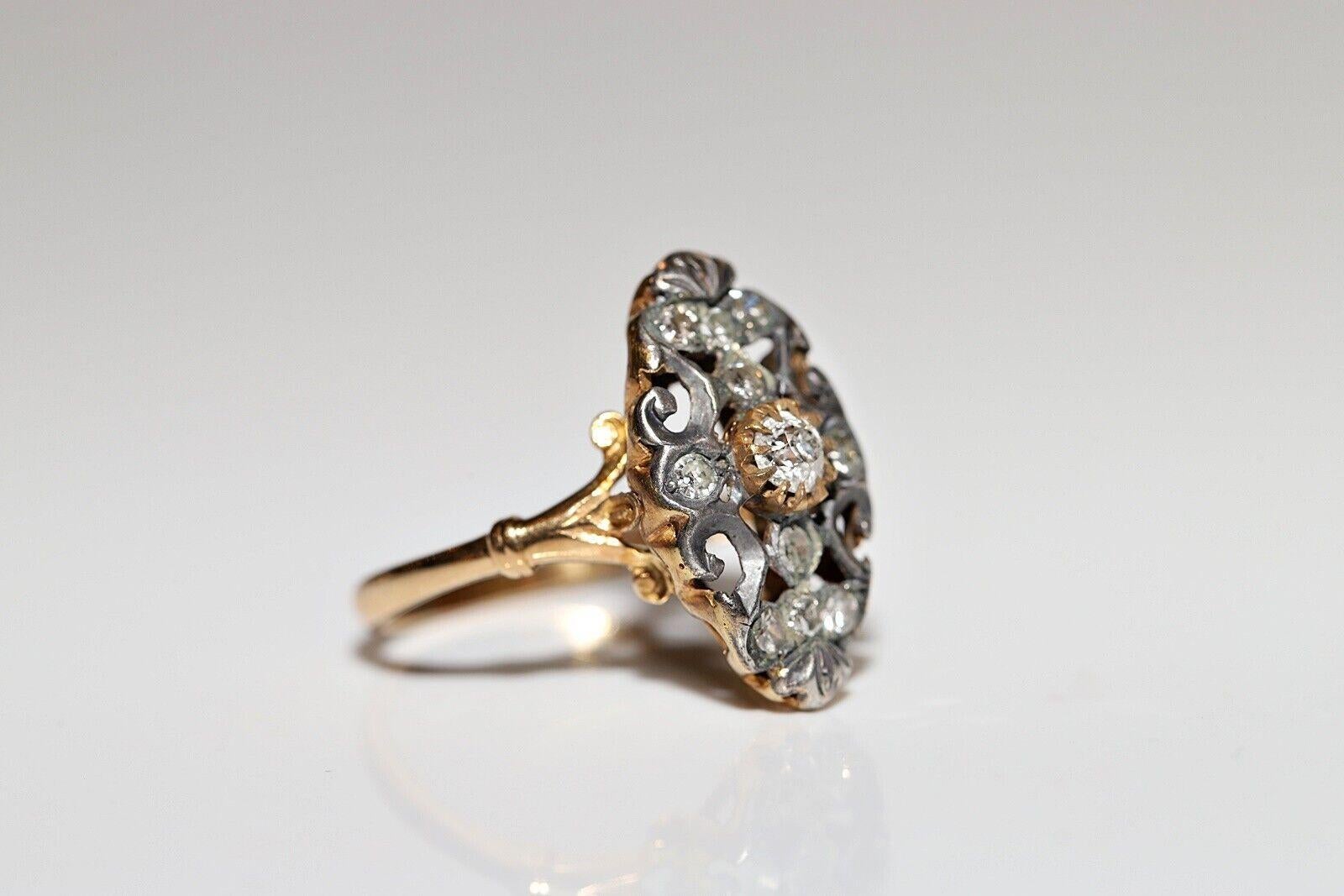 Single Cut Antique Circa 1900s 18k Gold Top Silver Natural Diamond Navette Ring  For Sale
