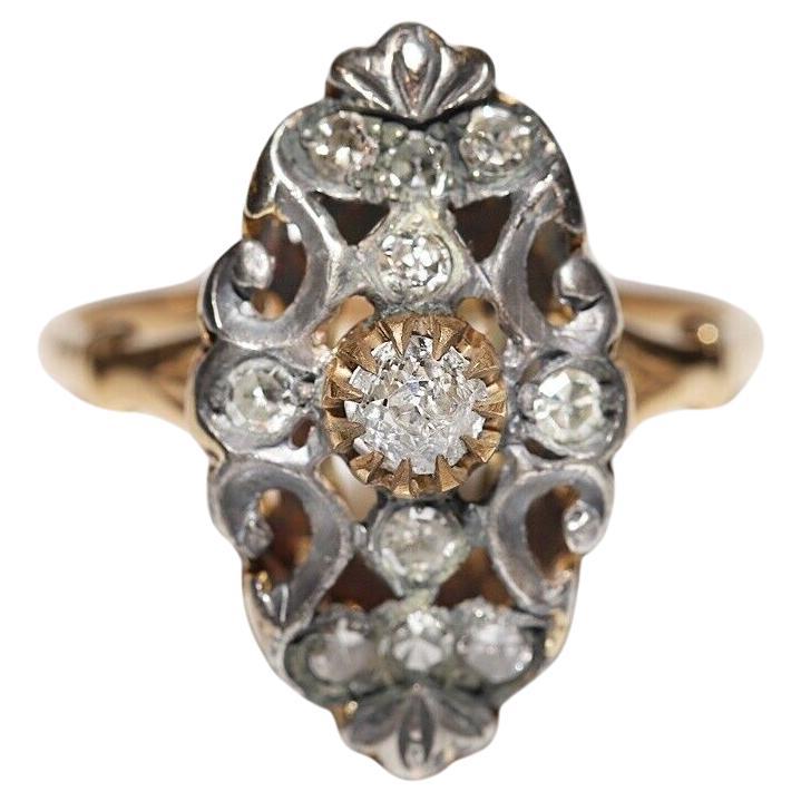 Antique Circa 1900s 18k Gold Top Silver Natural Diamond Navette Ring  For Sale