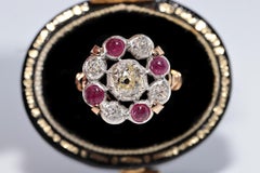 Anillo Antiguo Circa 1900s Oro 18k Plata Superior Diamante Natural Tallado Antiguo Y Rubí
