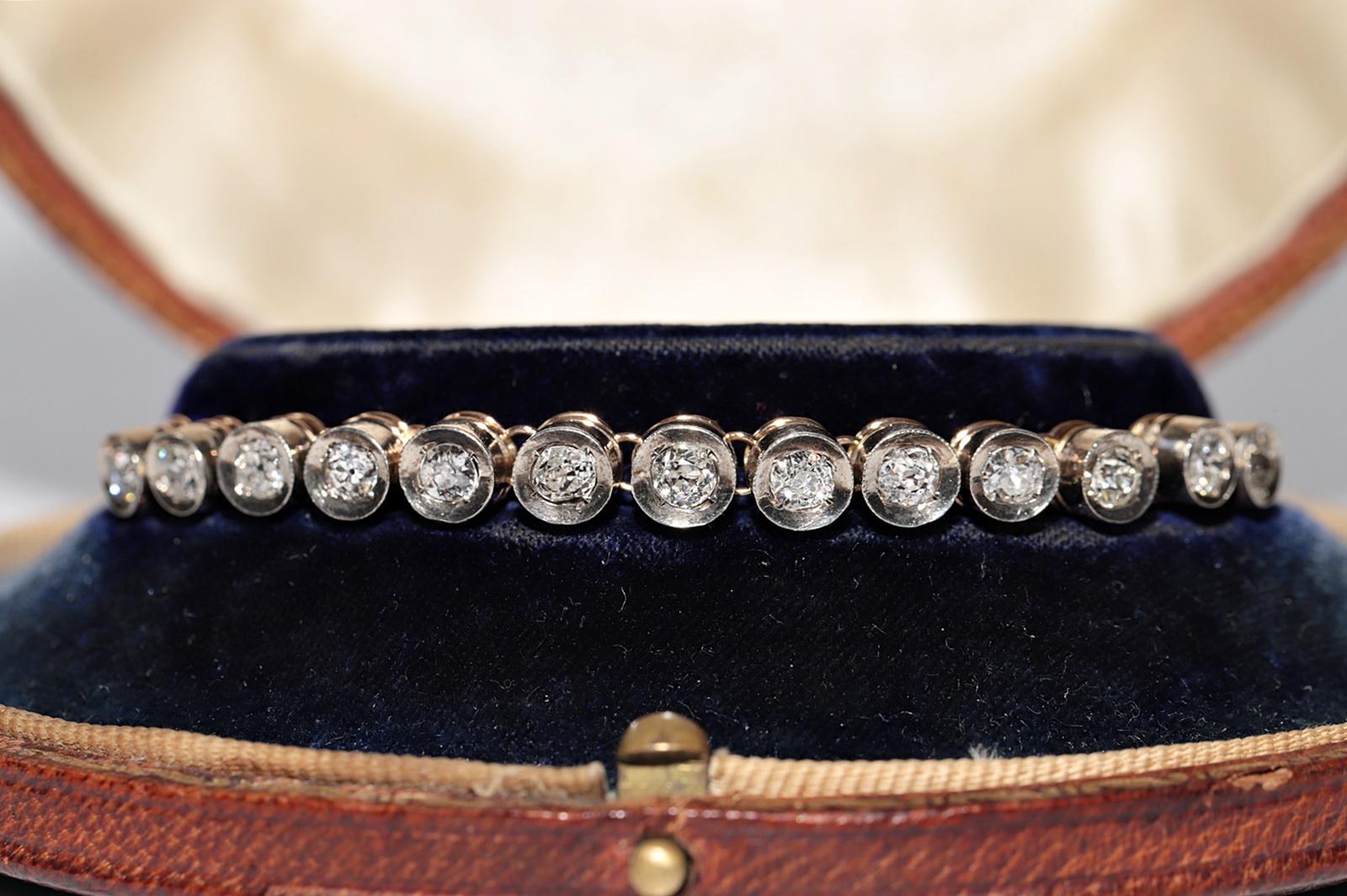 Old Mine Cut Antique Circa 1900s 18k Gold Top Silver Natural Old Cut Diamond Tennis Bracelet For Sale